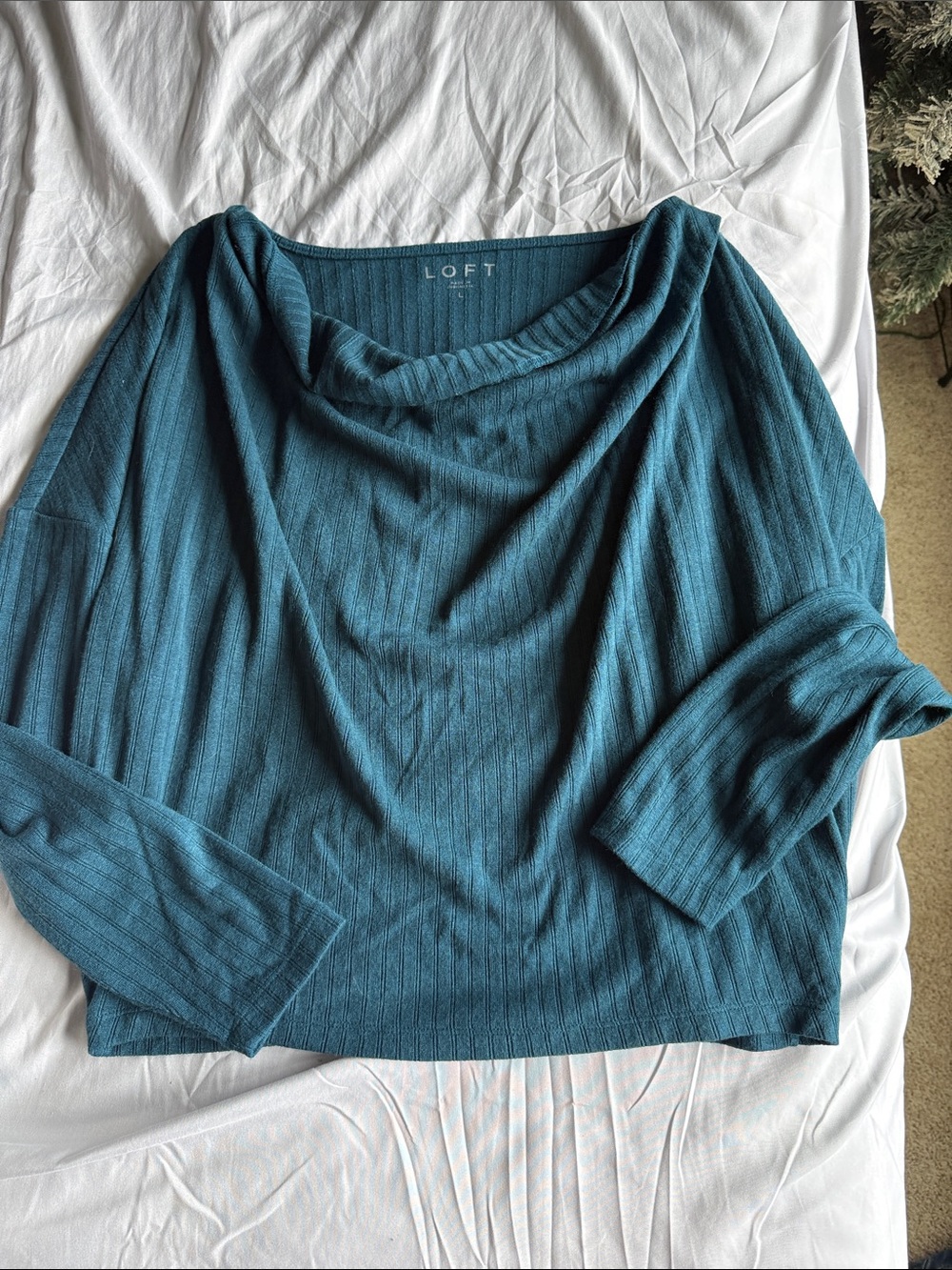LOFT Teal Ribbed Off-the-Shoulder Cowl Sweater